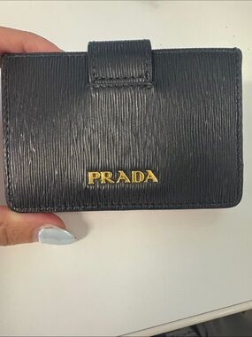Prada Black Textured Leather Card & Key Holder with Gold Logo
